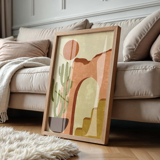 affiche murale cactus en pot et soleil style bohème terracotta