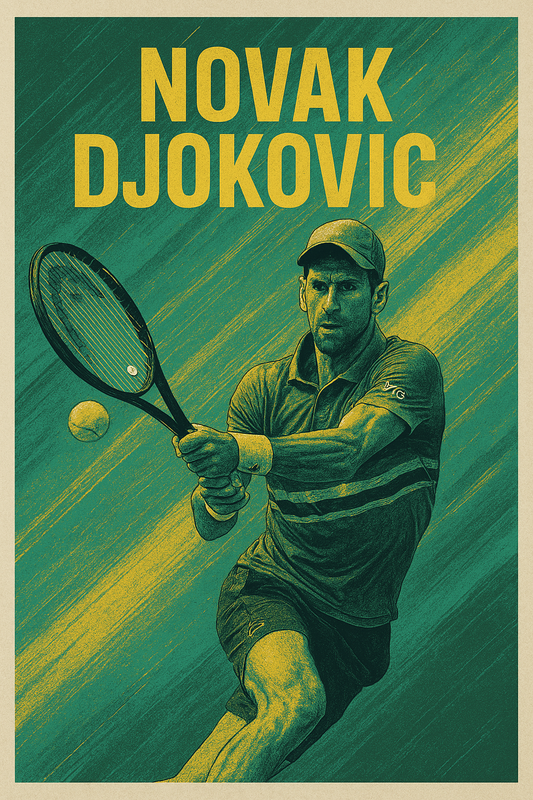Affiche numérique artistique de Novak Djokovic en action au tennis, poster décoratif à imprimer pour les amateurs de sport et de décoration murale moderne