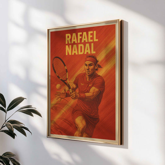 Affiche artistique numérique de Rafael Nadal en action au tennis, poster décoratif à imprimer pour les fans de sport et de décoration murale moderne