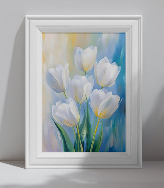 Affiche murale élégante représentant des tulipes blanches sur fond coloré pastel, illustration florale moderne pour décoration intérieure.