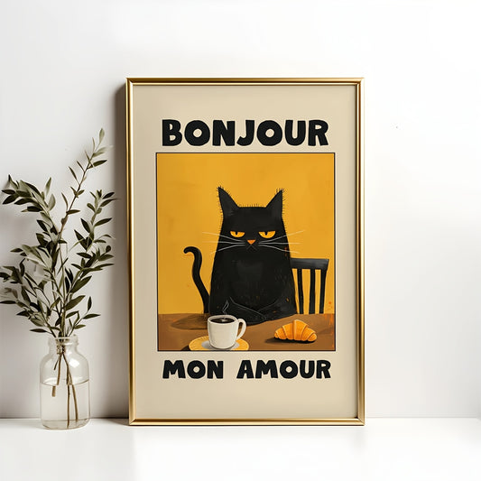 Affiche vintage chat thème français – illustration d’un chat stylisé entouré d’éléments décoratifs français