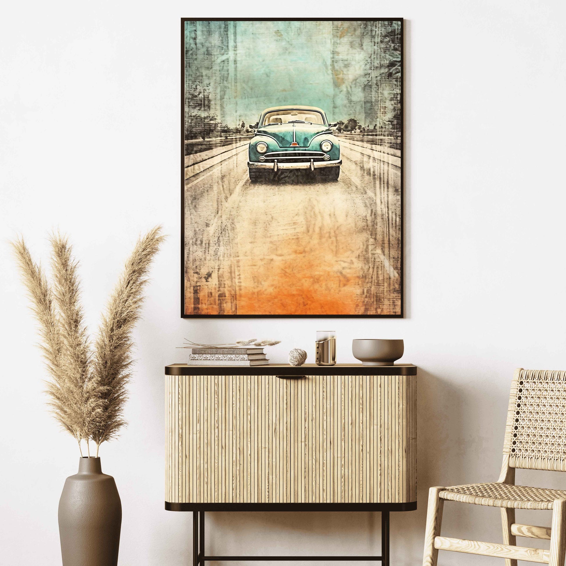 Affiche vintage voiture rétro bleue sur route – Poster déco murale style rétro chic