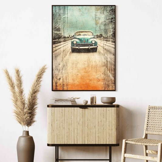 Affiche vintage voiture rétro bleue sur route – Poster déco murale style rétro chic