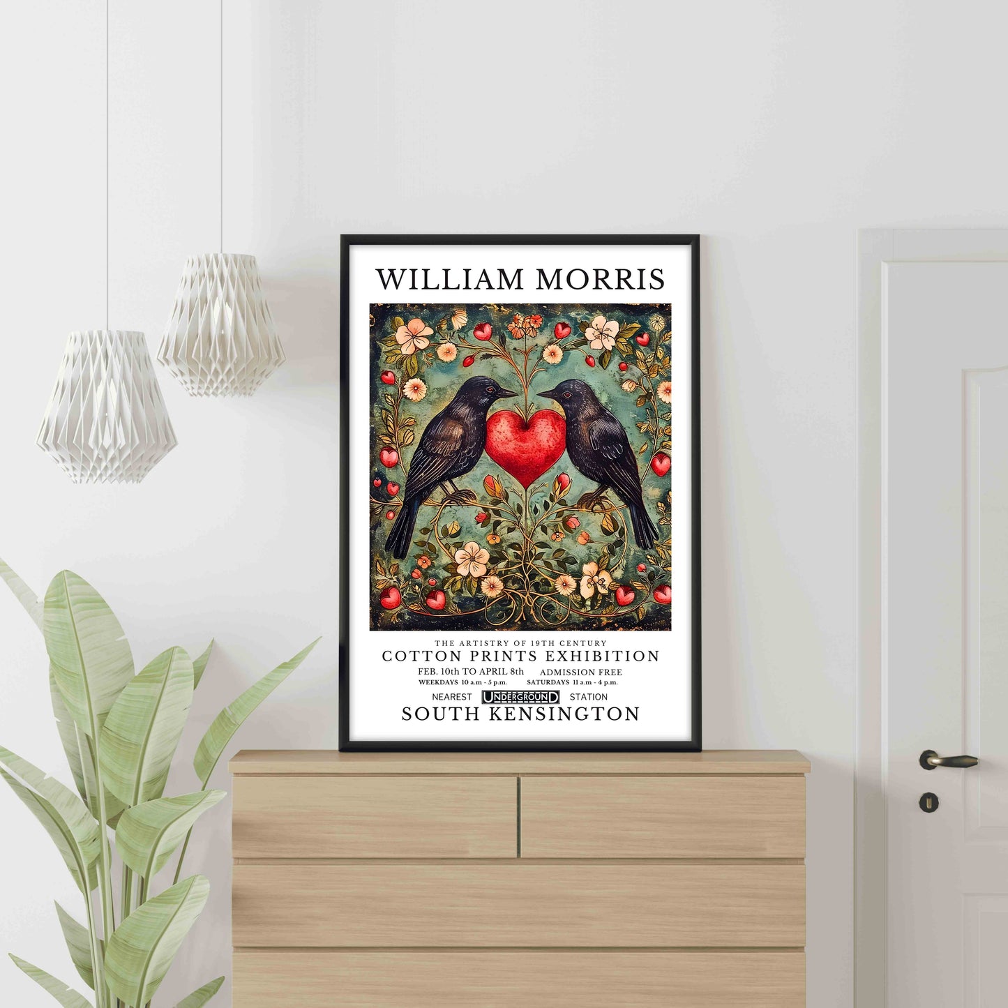 Affiche William Morris avec deux oiseaux noirs face à face et un cœur rouge au centre, entourés de motifs floraux Arts & Crafts