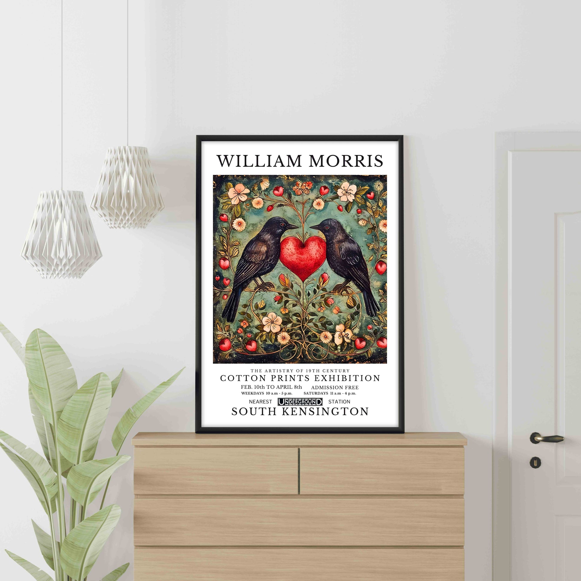 Affiche William Morris avec deux oiseaux noirs face à face et un cœur rouge au centre, entourés de motifs floraux Arts & Crafts