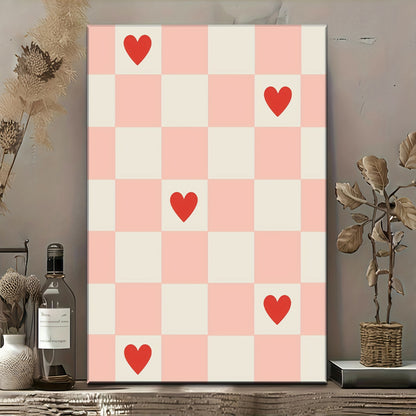 Affiche murale design damier rose et blanc avec cœurs rouges décoration tendance minimaliste cadre bohème romantique