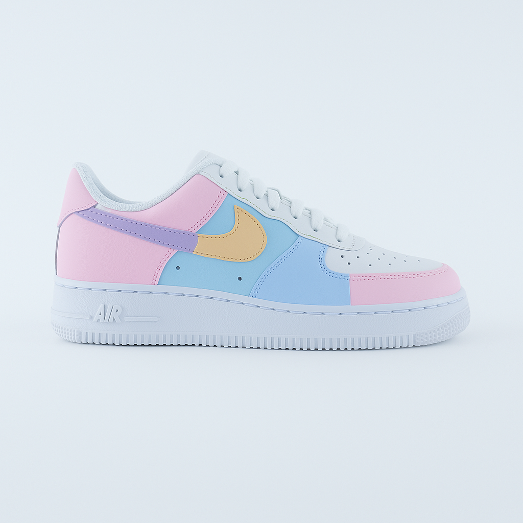 air force 1 custom easter, sneakers custom pastel pour femme, nike rose et lila lavande, baskets personnalisées tendance tons doux et pastel, baskets femme été 2025