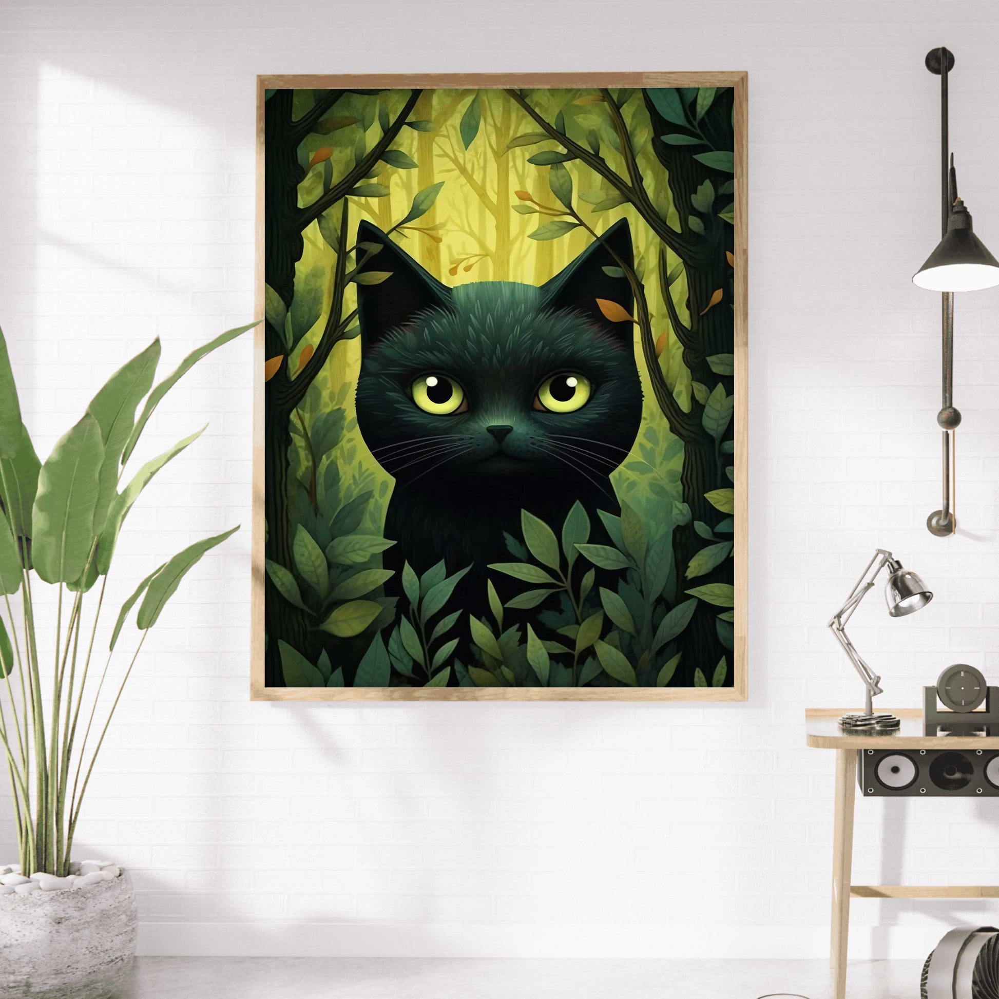 Affiche de chat forêt magique - Illustration féerique et contemporaine