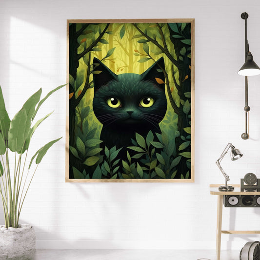 Affiche de chat forêt magique - Illustration féerique et contemporaine