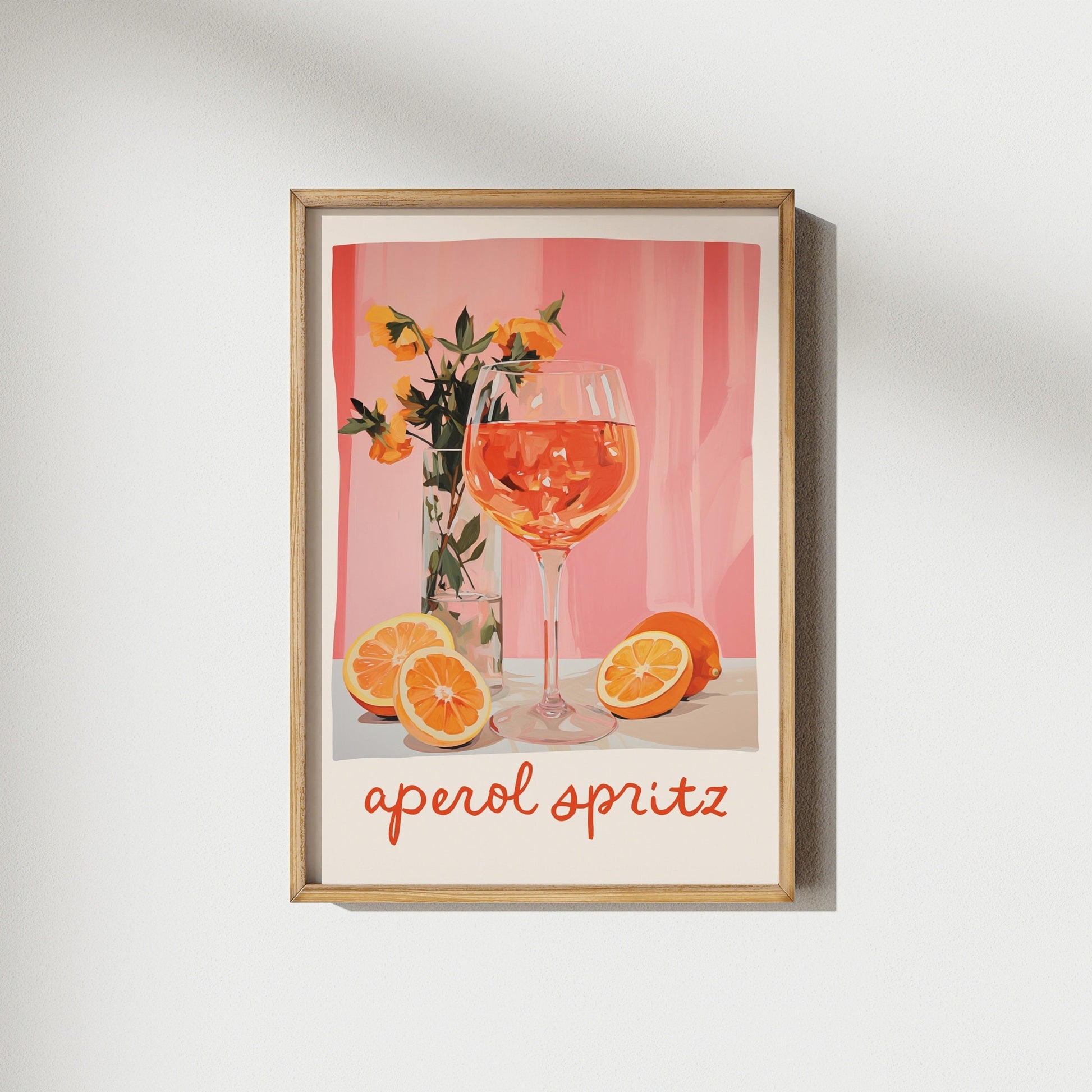 Affiche décorative Aperol Spritz avec cocktail et oranges, style vintage et coloré, idéale pour la déco cuisine, bar ou salon.