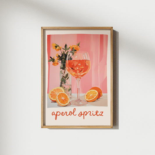 Affiche décorative Aperol Spritz avec cocktail et oranges, style vintage et coloré, idéale pour la déco cuisine, bar ou salon.