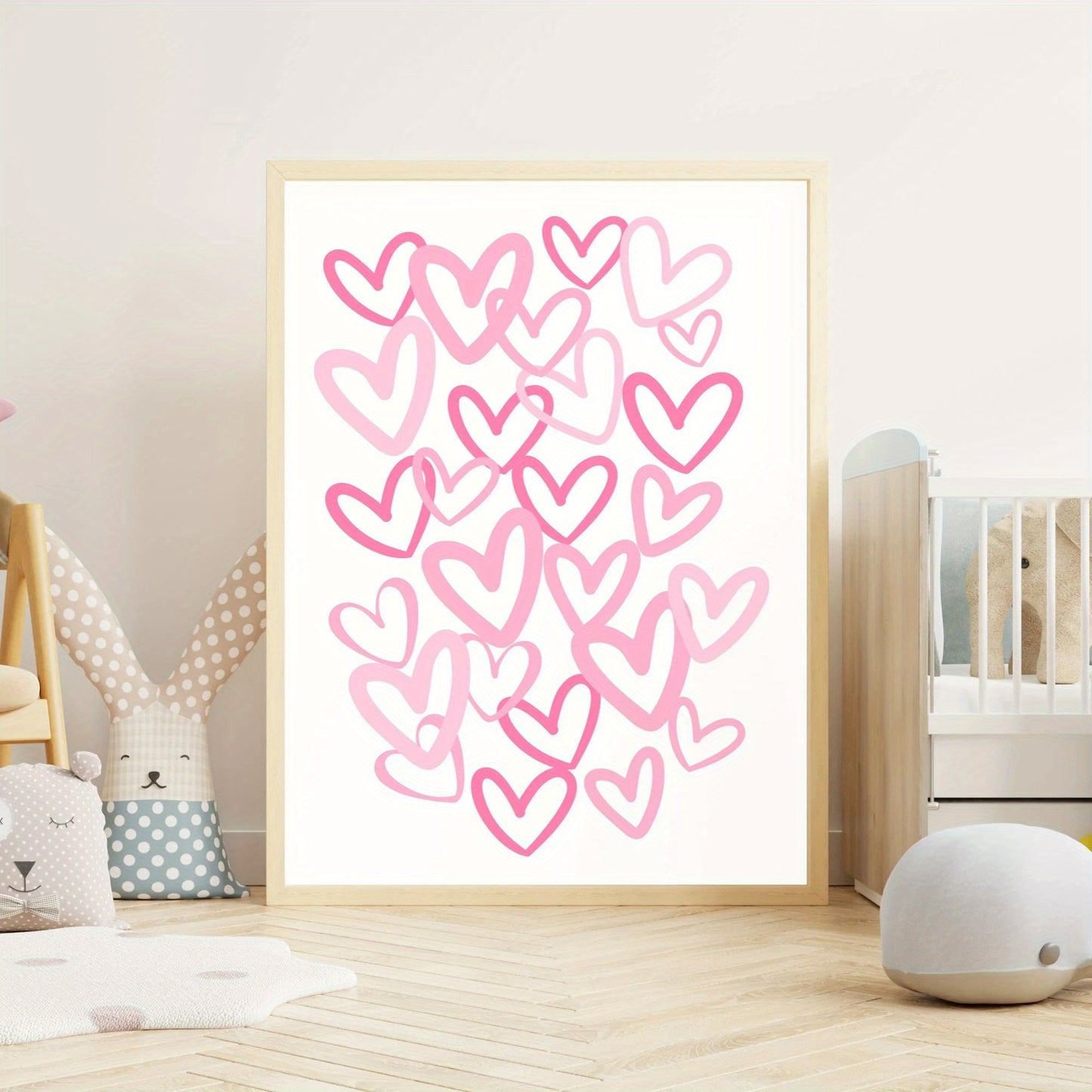 Affiche murale avec cœurs roses dessinés à la main sur fond blanc, décoration romantique et moderne pour intérieur chaleureux.