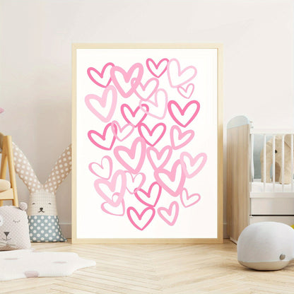 Affiche murale avec cœurs roses dessinés à la main sur fond blanc, décoration romantique et moderne pour intérieur chaleureux.