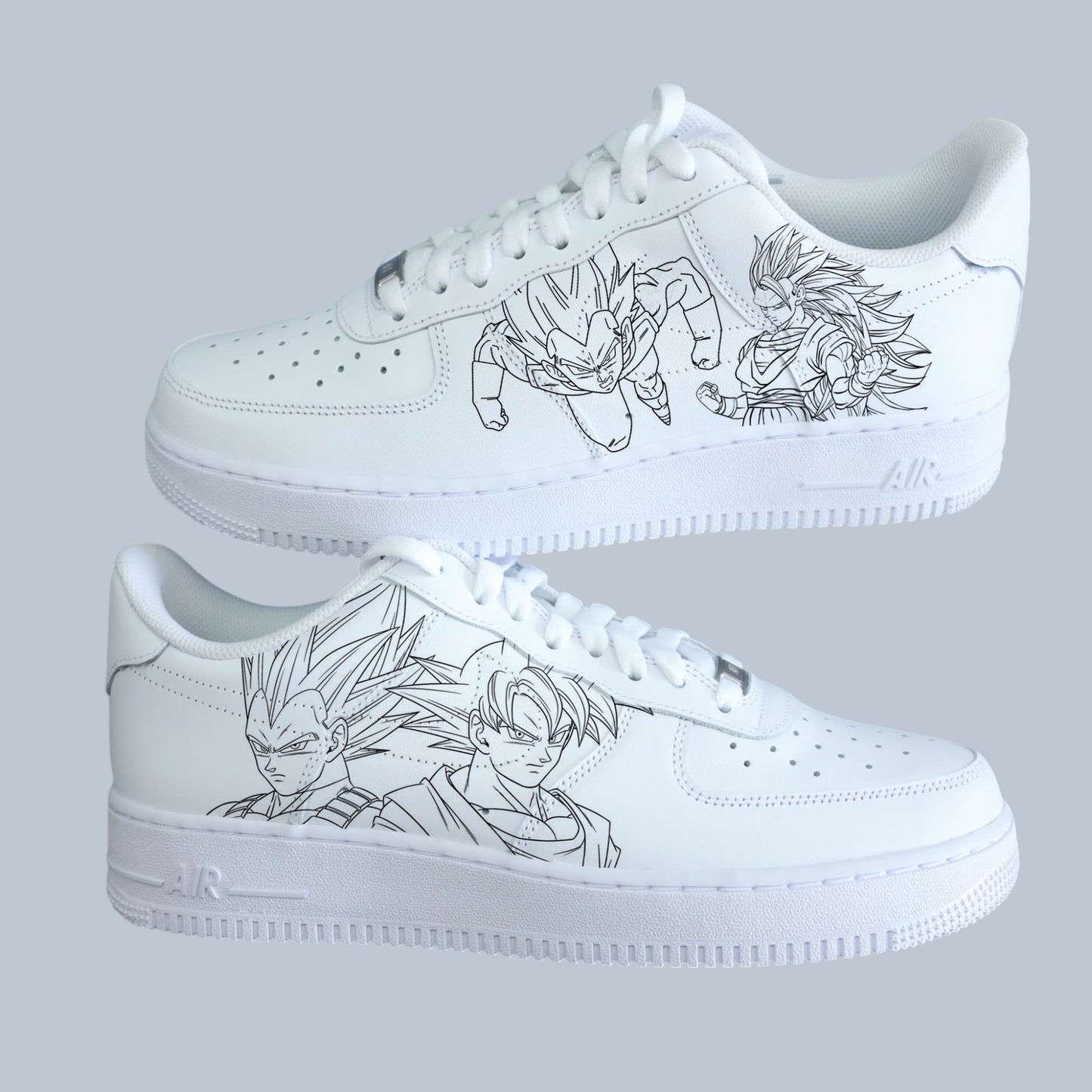 Sneakers Air Force One Custom thème "Dragon Ball Z", dessins Goku et Vegeta sur les côtés extérieurs