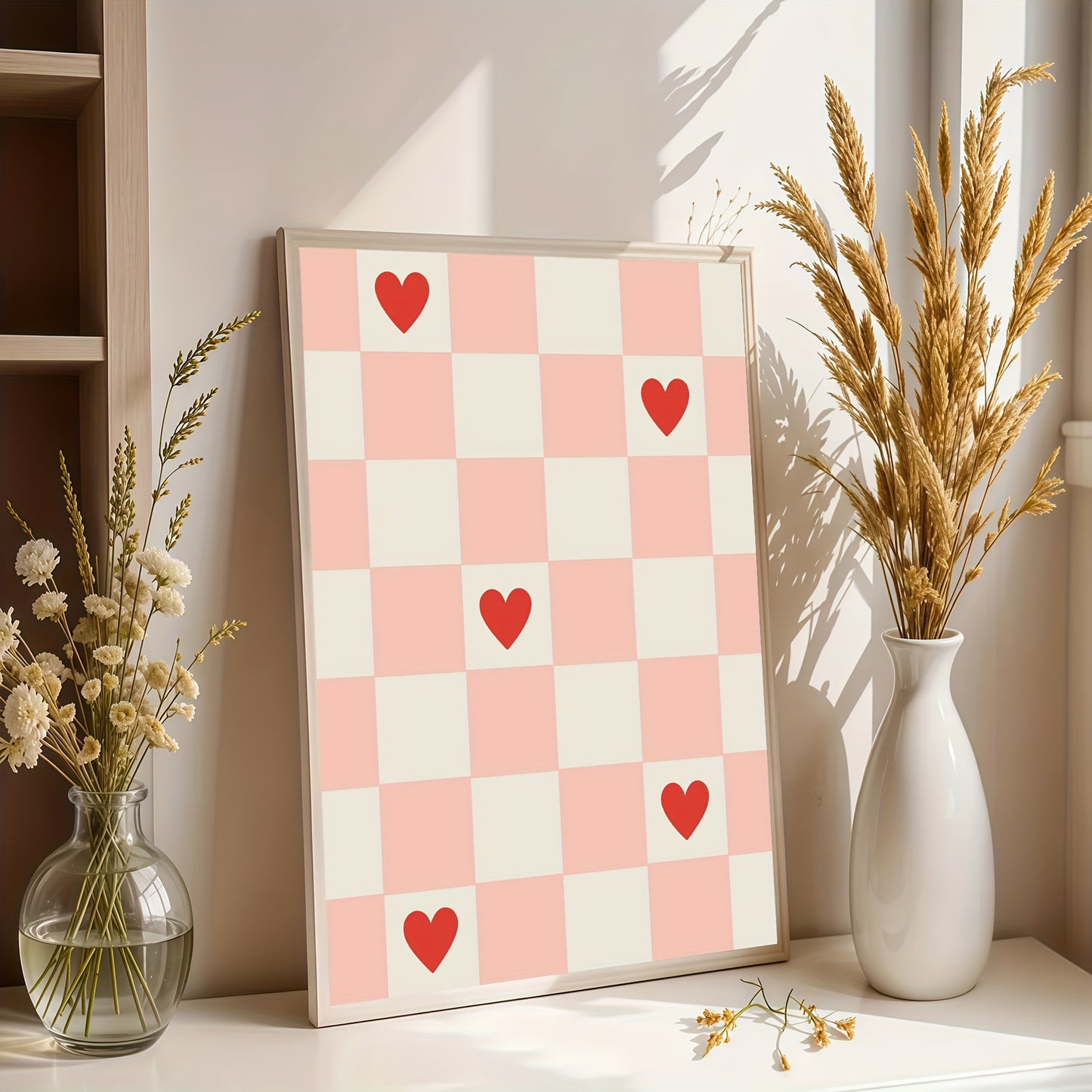 Affiche murale design damier rose et blanc avec cœurs rouges décoration tendance minimaliste cadre bohème romantique