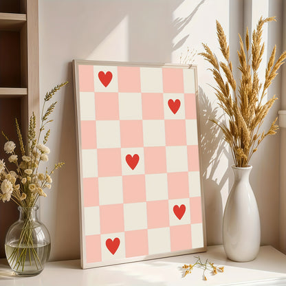Affiche murale design damier rose et blanc avec cœurs rouges décoration tendance minimaliste cadre bohème romantique