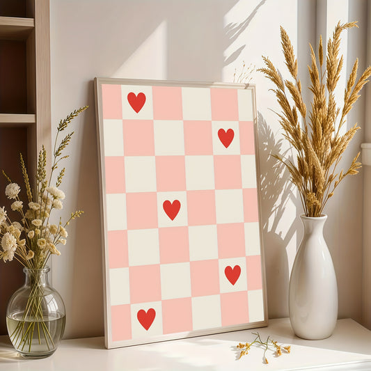 Affiche murale design damier rose et blanc avec cœurs rouges décoration tendance minimaliste cadre bohème romantique