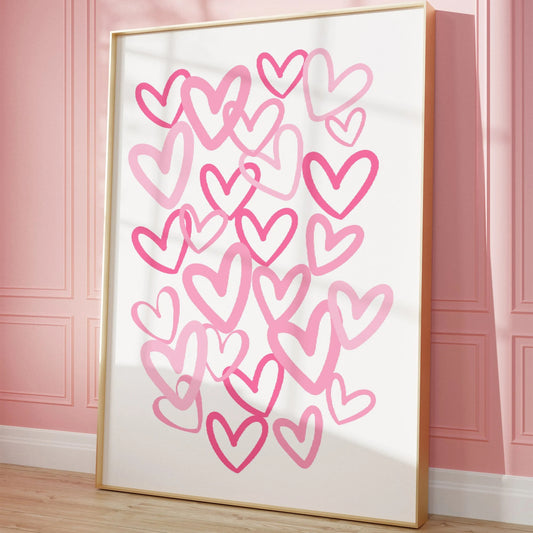 Affiche murale avec cœurs roses dessinés à la main sur fond blanc, décoration romantique et moderne pour intérieur chaleureux.