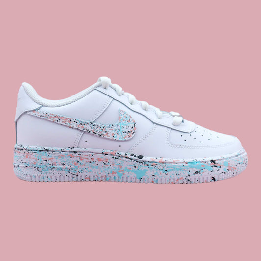 nike air force 1 custom splash pastel rose baskets personnalisées avec taches de peintures turquoise pour femme