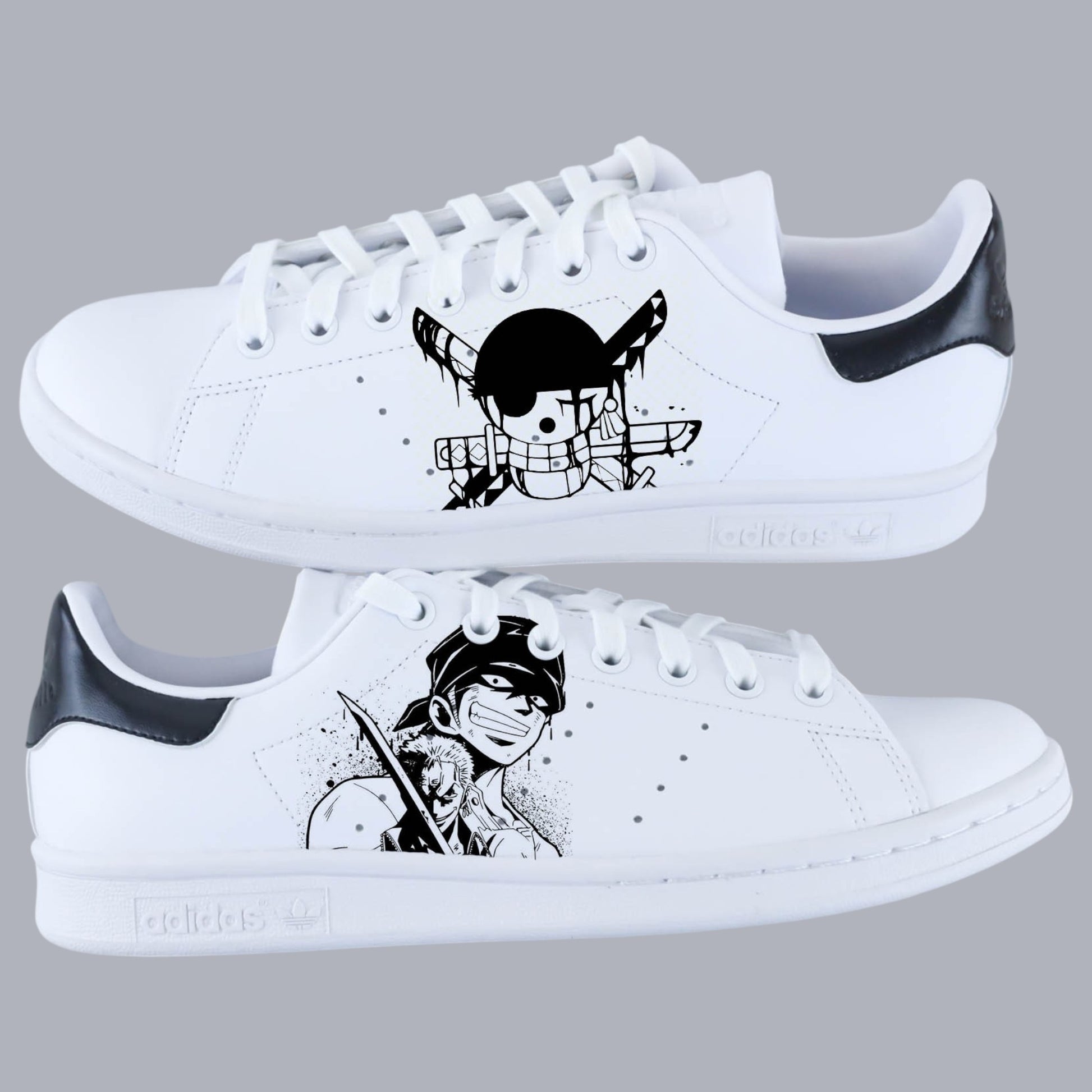 stan smith custom roronoa zoro baskets custom one piece, sneakers personnalisées manga, nike manga, chaussures zoro luffy 
