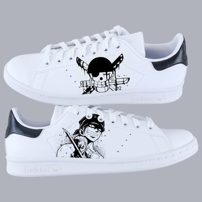stan smith custom roronoa zoro baskets custom one piece, sneakers personnalisées manga, nike manga, chaussures zoro luffy 