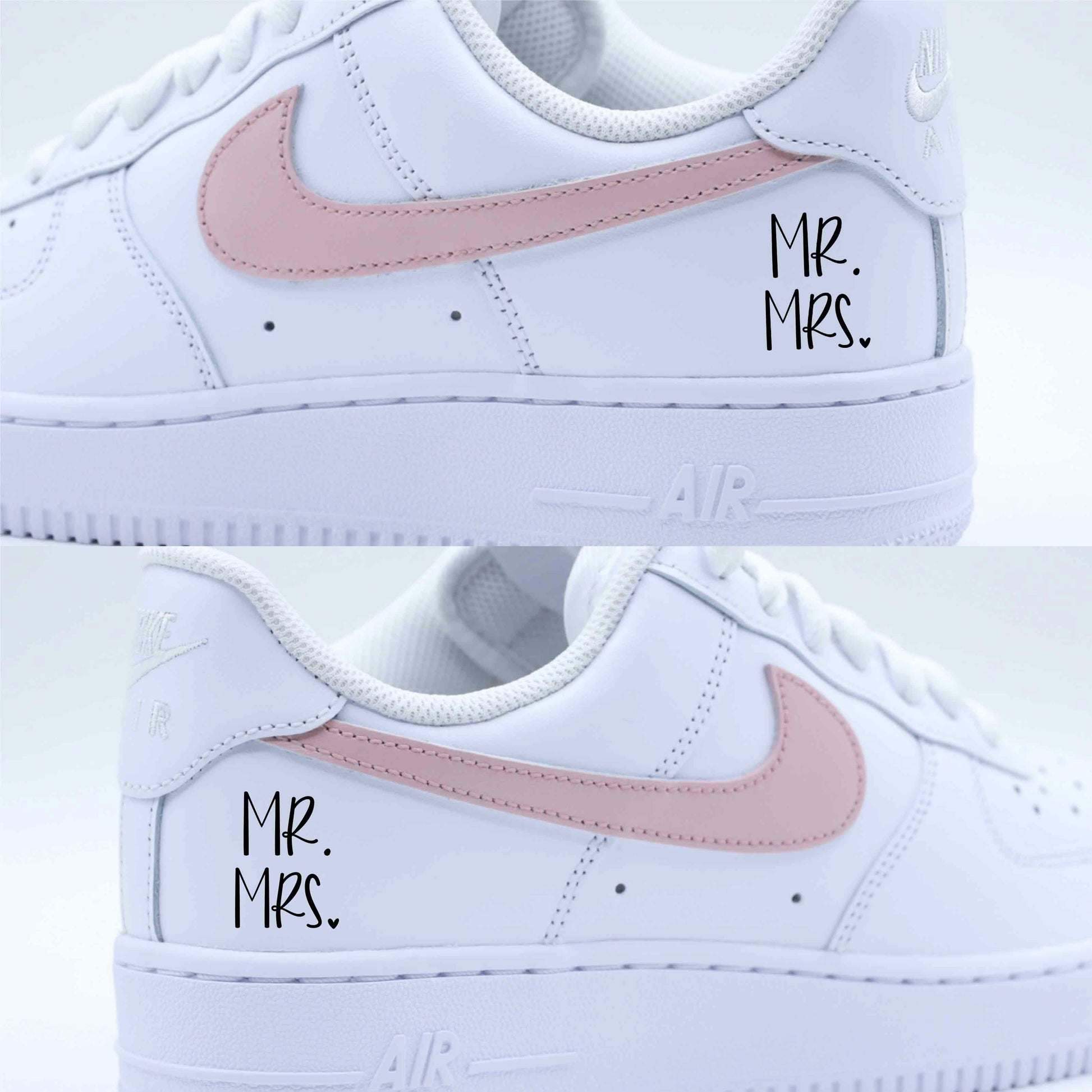 Baskets Air Force 1 Custom mariage avec swoosh rose poudré, inscription Mr & Mrs