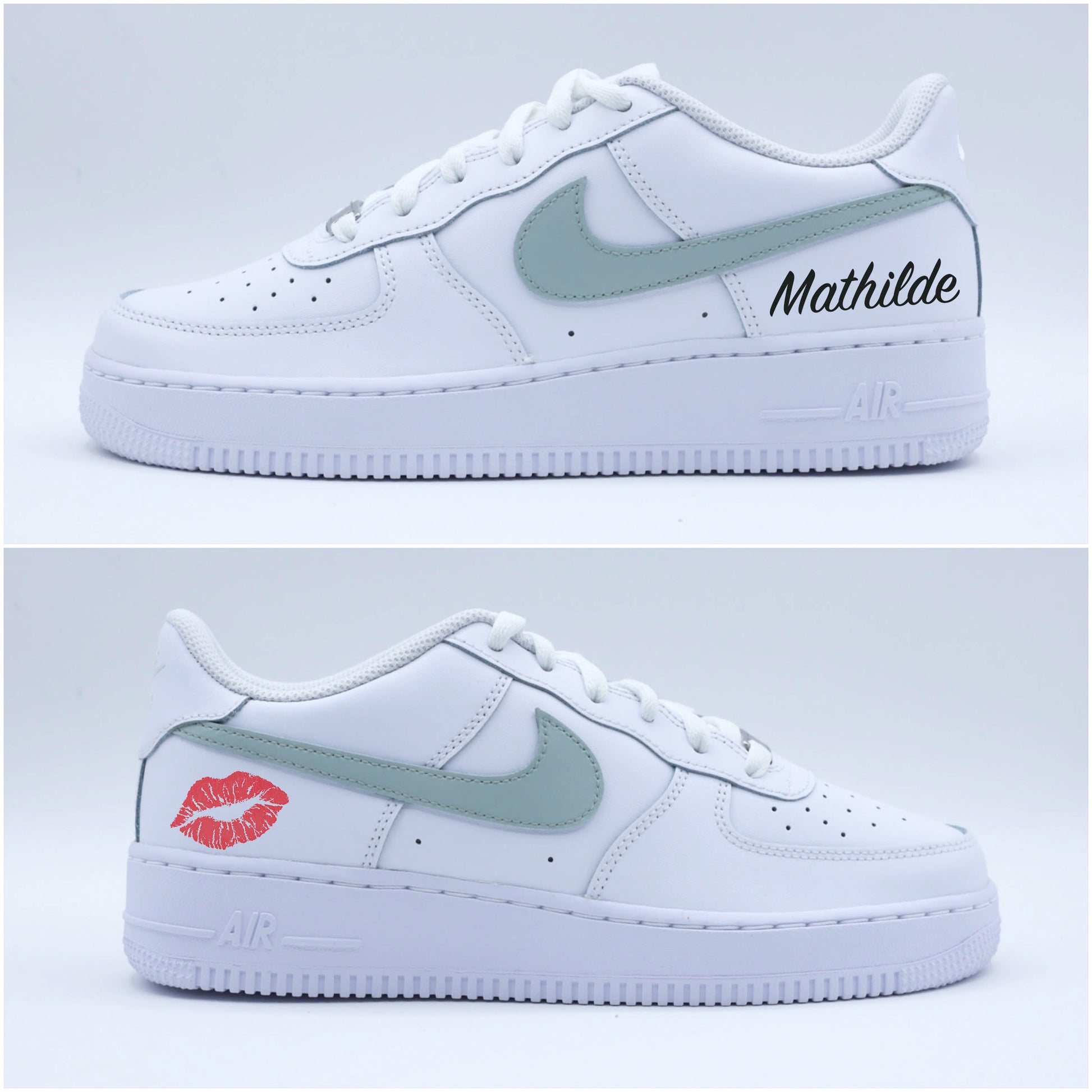 nike air force 1 custom kiss sneakers baisers baskets personnalisées pour fille avec prénom modifiable, sneakers custom tendance, fait main unique