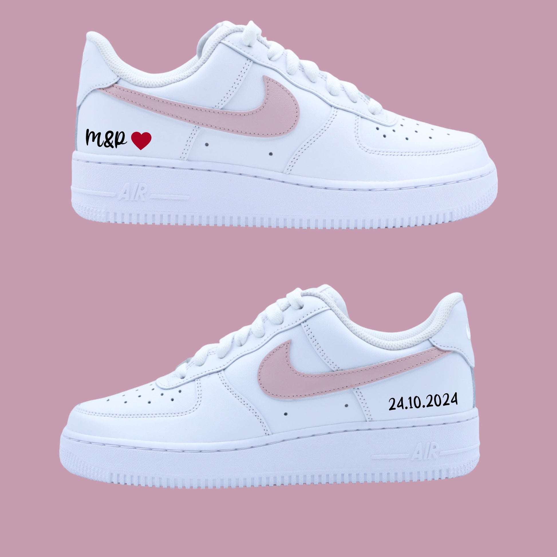 Baskets Air Force 1 Custom mariage avec swoosh rose poudré ciel, inscription de la date et des initiales